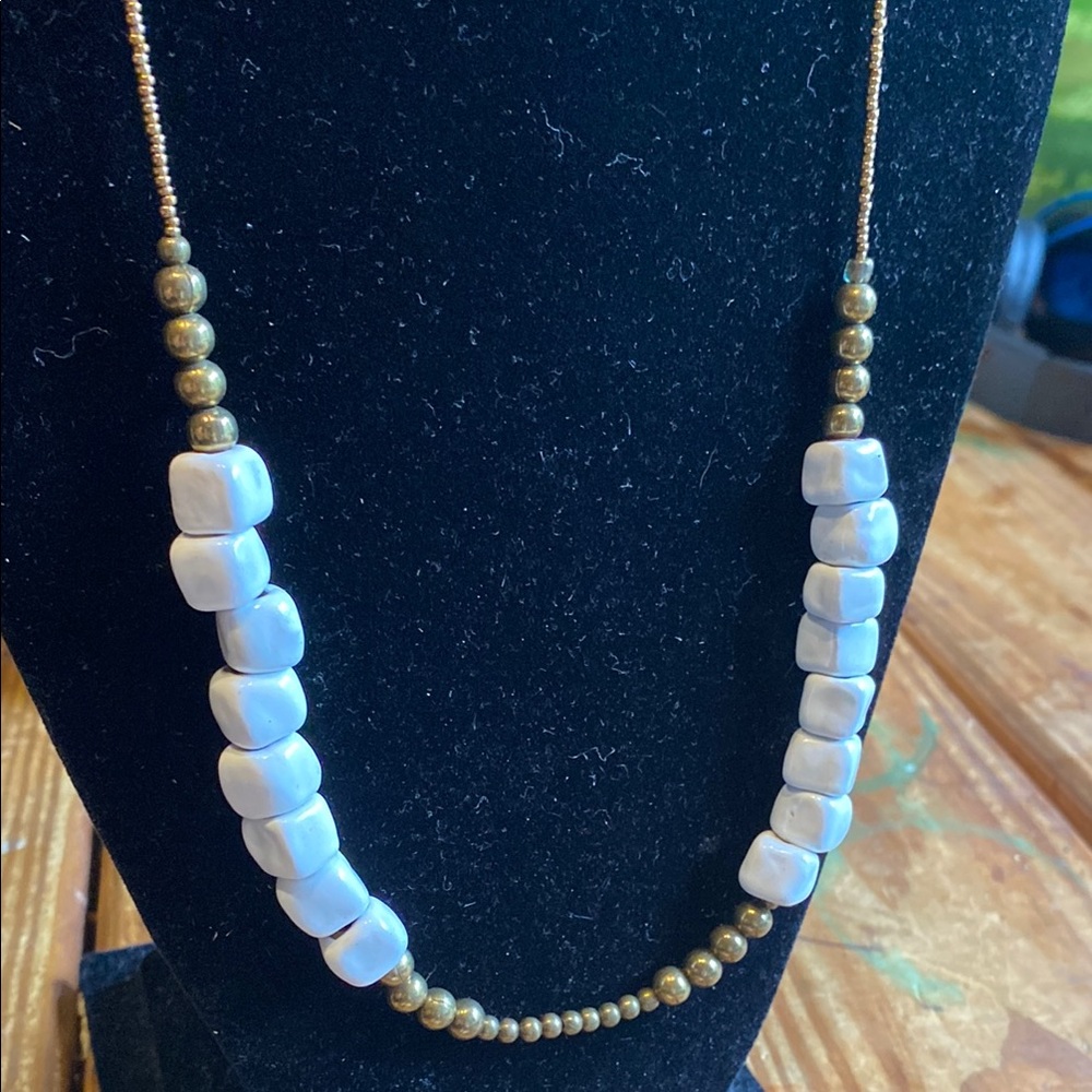 unique copper/brass and White Beaded Necklace Goex ceramic over clay? squares